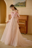 Pretty A Line Off The Shoulder Pink Satin Tulle Sequin Long Prom Dresses HZ1024