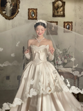 Vintage Ball Gown Strapless Satin Beaded With Sleeves Long Wedding Dresses HZ1024