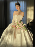 Vintage Ball Gown Strapless Satin Beaded With Sleeves Long Wedding Dresses HZ1024
