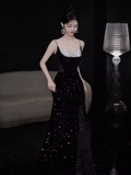 Sexy Mermaid Straps Sequin Long Black Prom Dress HZ1024