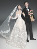 Vintage Ball Gown Off The Shoulder Satin Lace Backless Long Sleeves With Veil Long Wedding Dresses HZ1024