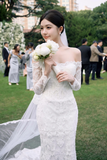 Vintage Mermaid Off The Shoulder White Tulle Lace Long Sleeves With Veil Long Wedding Dresses HZ1024
