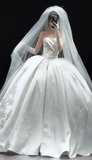 Timeless Ball Gown Strapless Satin Applique With Veil Gloves Long Wedding Dresses HZ1024