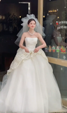 Pretty Ball Gown Strapless Satin Tulle With Veil Long Wedding Dresses HZ1024