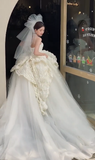 Pretty Ball Gown Strapless Satin Tulle With Veil Long Wedding Dresses HZ1024