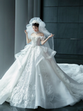 Dreamy Ball Gown Off The Shoulder White Tulle Lace With Veil Long Wedding Dresses HZ1024