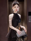 Sexy A line High Neckline Long Black Prom Dress HZ1024