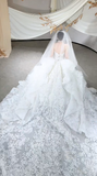 Timeless White Ball Gown Starpless Tulle Lace With Veil Long Wedding Dresses HZ1024