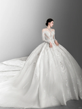 Timeless Ball Gown Off The Shoulder Tulle Lace Beaded Long Sleeves Long Wedding Dresses HZ1024