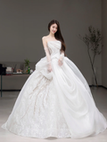 Elegant White Ball Gown Strapless Satin Chiffon Sequin Beaded With Gloves Long Wedding Dresses HZ1024
