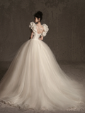 Unique Ball Gown Sweetheart Satin Tulle Long Wedding Dresses HZ1024