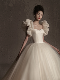 Unique Ball Gown Sweetheart Satin Tulle Long Wedding Dresses HZ1024
