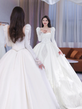 Elegant Ball Gown Square SatinLong Sleeves Long Wedding Dresses HZ1024