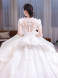 Timeless Ball Gown Satin Tulle Applique Beaded Long Sleeves Long Wedding Dresses HZ1024