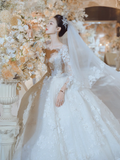 Pretty Ball Gown Tulle Applique Long Sleeves With Veil Long Wedding Dresses HZ1024