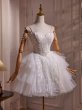 Elegant Ball Gown Spaghetti Straps Tulle Party Dress White Homecoming Dresses HZ1024