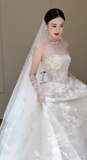 Dreamy Ball Gown Strapless Tulle Lace With Veil Long Wedding Dresses HZ1024