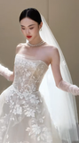 Dreamy Ball Gown Strapless Tulle Lace With Veil Long Wedding Dresses HZ1024