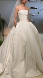 Elegant Simple Ball Gown Strapless Satin With Veil Long Wedding Dresses HZ1024