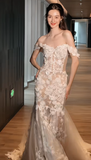 Dreamy Mermaid Off The Shoulder Tulle Lace Applique With Veil Long Wedding Dresses HZ1024
