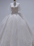 Classy Ball Gown V Neck Tulle Sequin Short Sleeves Long Wedding Dresses HZ1024