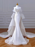 Glitter Mermaid Off The Shoulder Satin Sequin Beads Back With Bow Long Wedding Dresses HZ1024