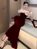 Sexy Mermaid Burgundy Velvet Prom Dresses With Gloves HZ1024