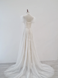 Princess A Line Tulle Sequin Blackless Short Sleeves Long Wedding Dresses HZ1024