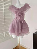Chic 19th A Line V Neck Chiffon Tiered Short Homecoming Dress Birthday Outfits HZ1024
