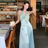 Chic A Line Halter Satin Chiffon Long Prom Dresses Formal Dress HZ1024