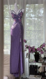 Gorgeous Mermaid Spaghetti Straps Purple Satin Sequin Long Prom Dresses Formal Dress HZ1024