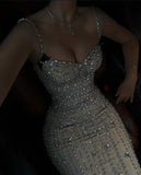 Gorgeous Mermaid Spaghetti Straps Satin Beads Long Prom Dresses Formal Dress HZ1024