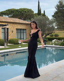 Sexy Mermaid Off The Shoulder Black Satin Long Prom Dresses Formal Dress HZ1024