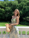Elegant Mermaid Spaghetti Straps Satin Printed Lace Long Prom Dresses Formal Dress HZ1024
