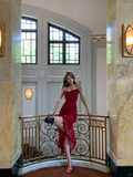 Burgundy Mermaid Spaghetti Straps Satin Long Prom Dresses Formal Dress HZ1024