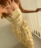 Stunning A Line Strapless Chiffon Printed Tiered Long Prom Dresses Formal Dress HZ1024