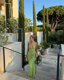 Charming Mermaid Halter Green Satin Long Prom Dresses Formal Dress HZ1024