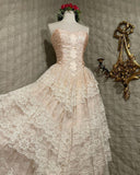 Classy Ball Gown Strapless Satin Lace Tiered Long Prom Dresses Formal Dress HZ1024