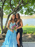 Pale Blue A Line Sweetheart Satin Chiffon Tiered Slit Long Prom Dresses Formal Dress HZ1024