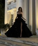 Vintage A Line Strapless Black Satin Sequin Slit Long Prom Dresses Formal Dress HZ1024
