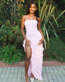 Pink Mermaid Strapless Satin Chiffon Ruffles Slit Long Prom Dresses Formal Dress HZ1024