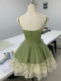 Retro A Line Spaghetti Straps Satin Printed Chiffon Short Homecoming Dress 19th Birthday Outfits HZ1024