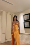 Simple Sexy Mermaid Halter Satin Slit Long Prom Dresses Formal Dress HZ1024