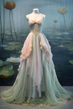 Pretty A Line Strapless Satin Chiffon Long Prom Dresses Formal Dress HZ1024