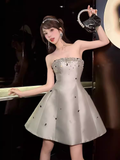 Vintage A line Strapless Gray Satin Homecoming Dress 19th Birthday Outfits HZ1024