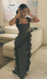 Unique Mermaid Spaghetti Straps Black Satin Ruffles Chiffon Long Prom Dresses Formal Dress HZ1024