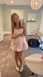 Pretty A Line Spaghetti Straps Printed Satin Short Homecoming Dress 17th Birthday Outfits HZ1024