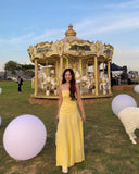 Yellow A Line Spaghetti Straps Satin Long Prom Dresses Formal Dress HZ1024