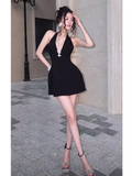 Vintage A line Halter Black Short Homecoming Dress 19th Birthday Outfits HZ1024