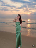 Simple Mermaid Strapless Green Satin Long Prom Dresses Formal Dress HZ1024